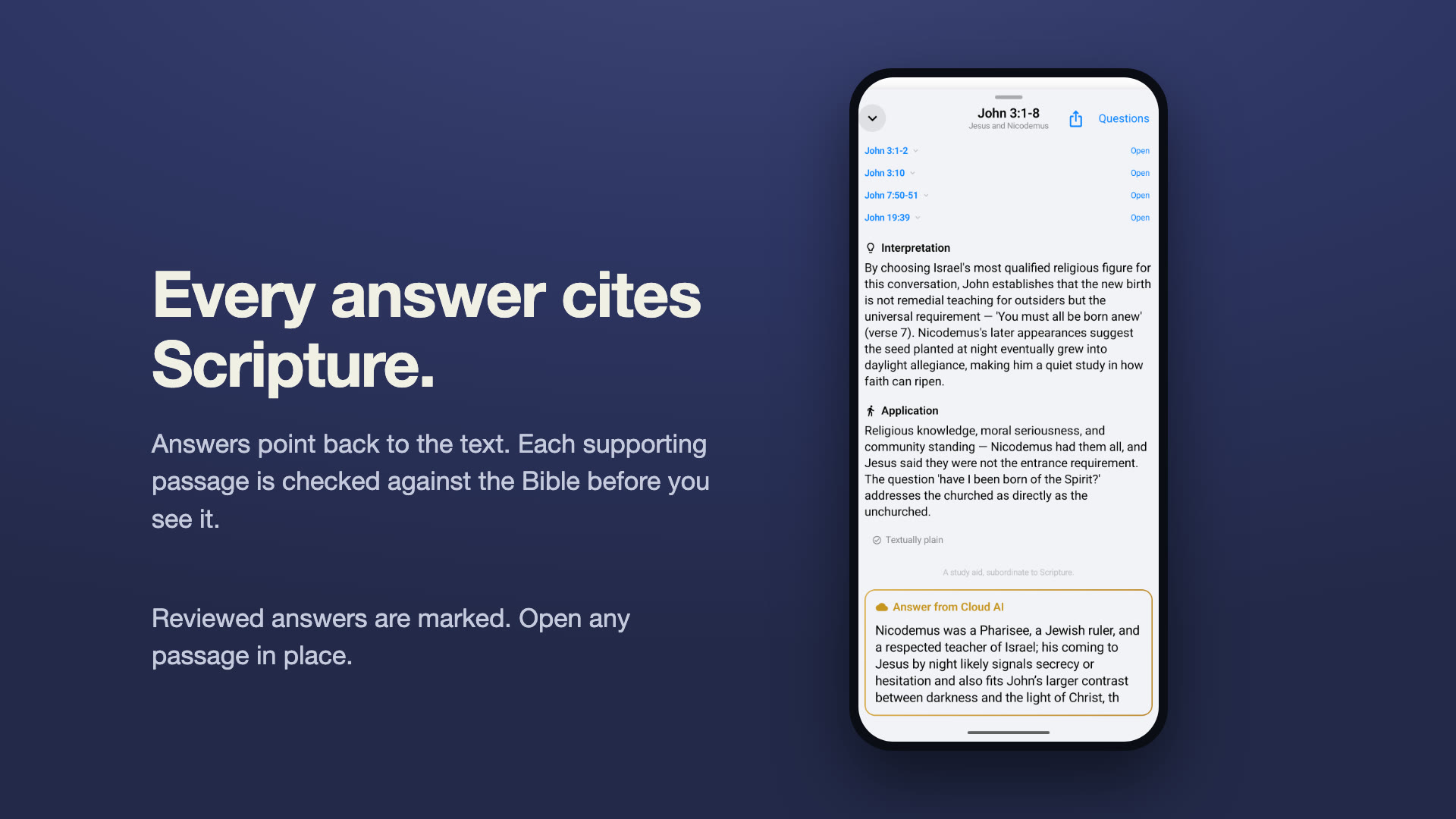 A phone showing the app’s supporting passages list — John 3:1-2, John 3:10, John 7:50-51, John 19:39 — with Interpretation and Application sections and an Answer from Cloud AI box, beside the headline “Every answer cites Scripture.”