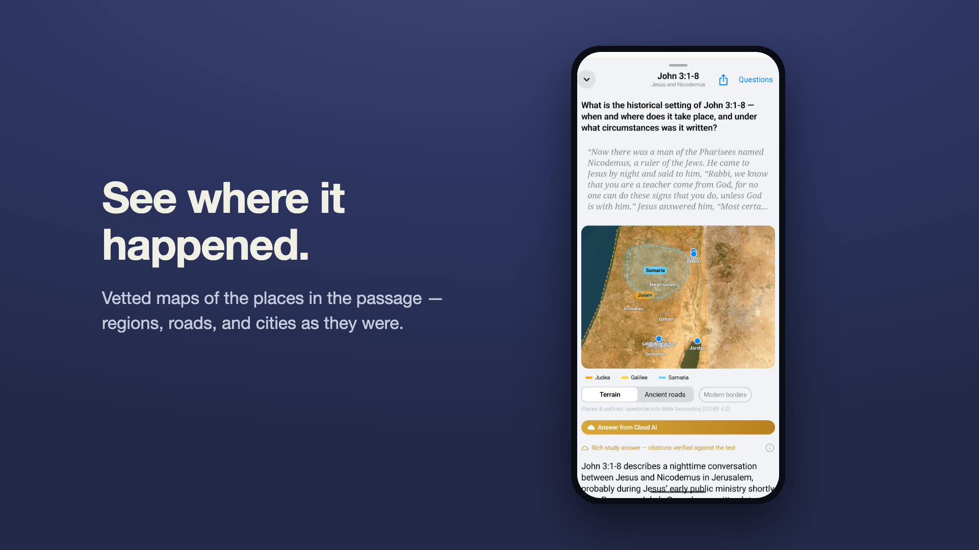 A phone showing the app’s historical map of Judea, Samaria and Galilee beside the headline “See where it happened.”